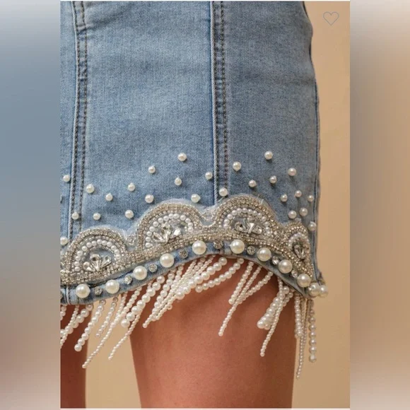 SK23. RESTOCK Stretch Denim Embellished Pearl Fringe Mini Skirt - Picture 2 of 3